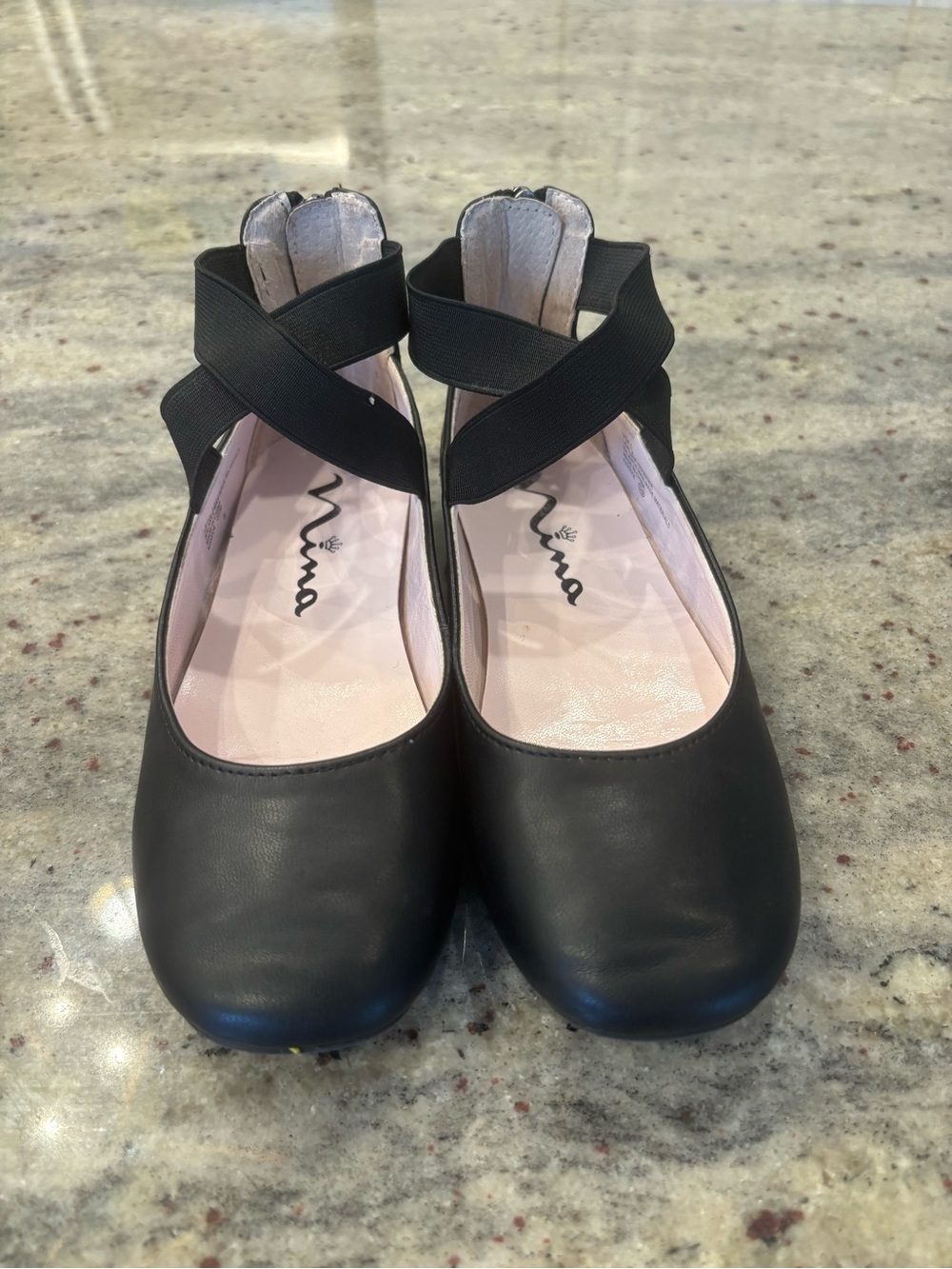 Nina Girls Black Cross-Strap Leather Ballet Flats